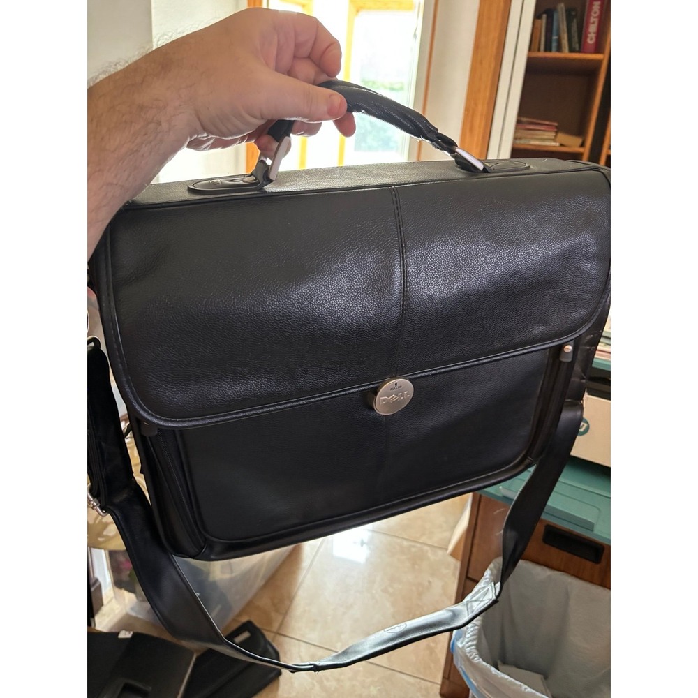 Dell Black Leather 18" Laptop Shoulder Messenger Bag w/ Partitions